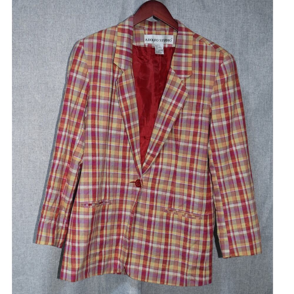 Adolfo Studio Women’s Plaid Linen Cotton Blazer Size 10P Petite Red Yellow Check
